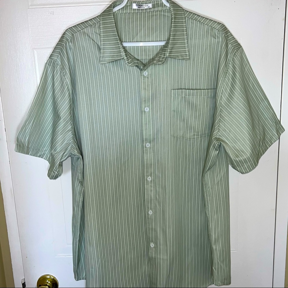 Green and white striped casual button down shirt